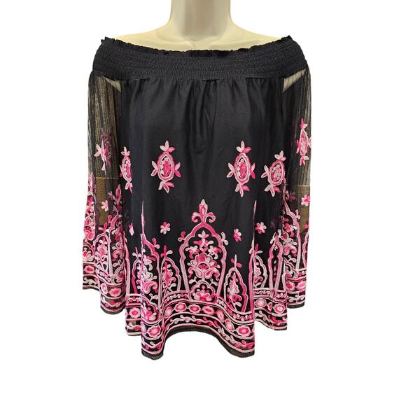 NWT INC sweet meadow off the shoulder semi sheer lined peasant S pink black top - Picture 1 of 7